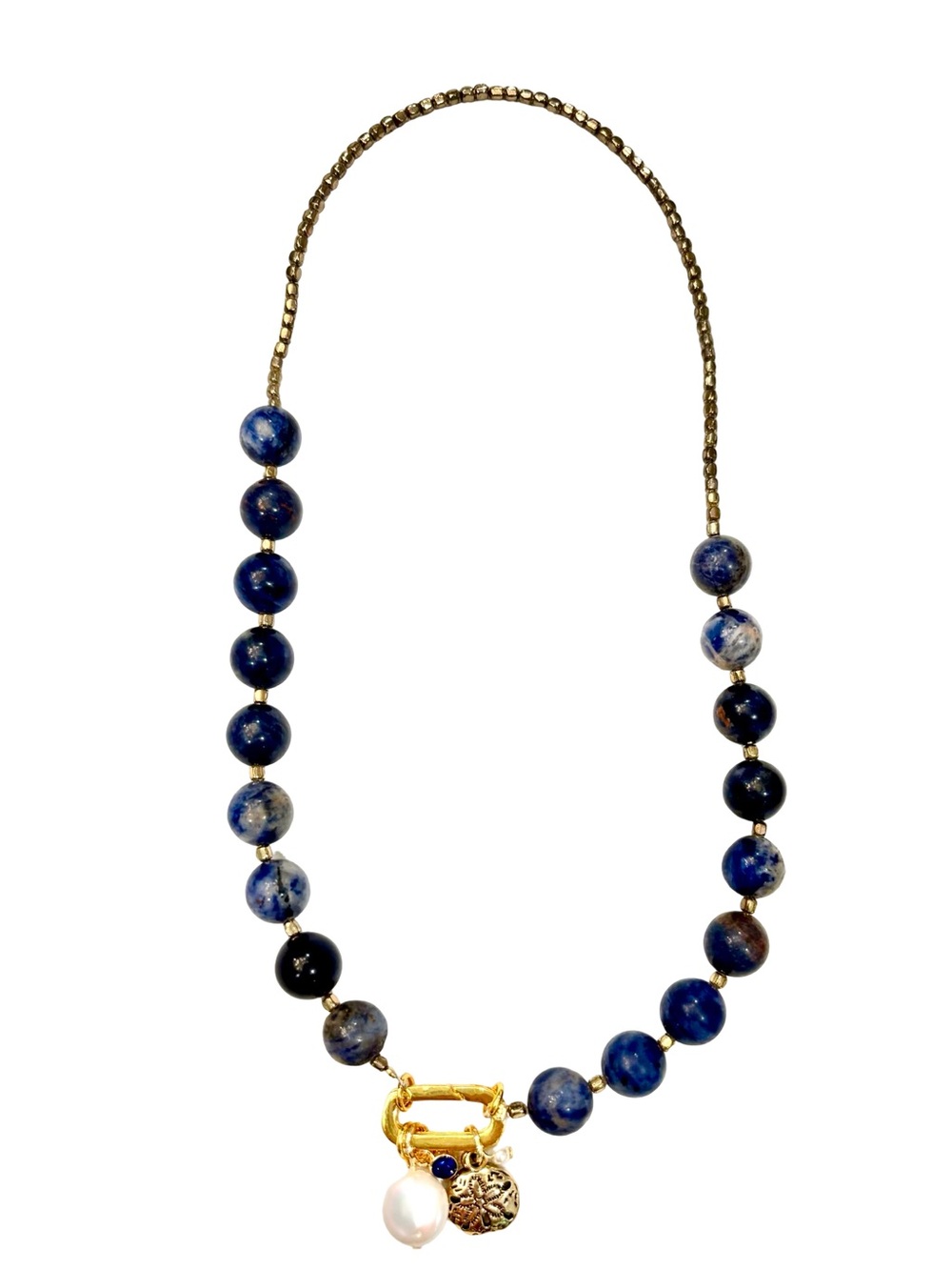 HAND CRAFTED Lapis Lazuli 10mm Bead Necklace, Coin Pearl, 3 Charms on carbonator
